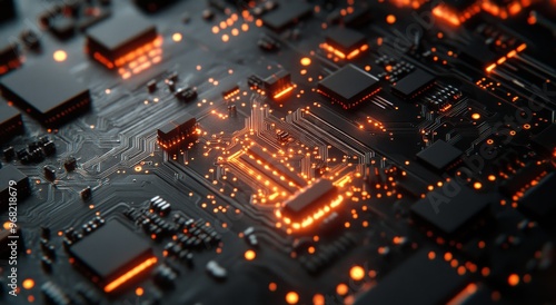 The intricate design of a microchip on a circuit board illuminated by soft light