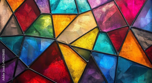 Vibrant stained glass artwork showcasing colorful geometric patterns in a uni...