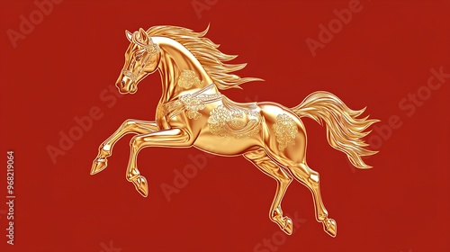 Simple stroke of golden horse illustration silhouette on red background, of Chinese new year, year of the horse	