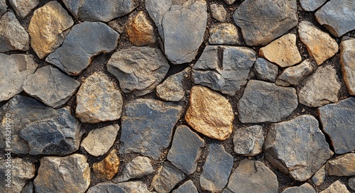 Close-up of textured stone wall featuring various shapes and colors in natura...