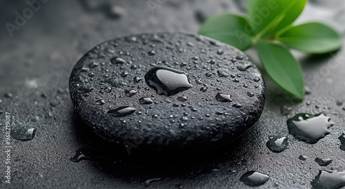 Freshly washed black stone resting on a wet surface with glistening droplets ...