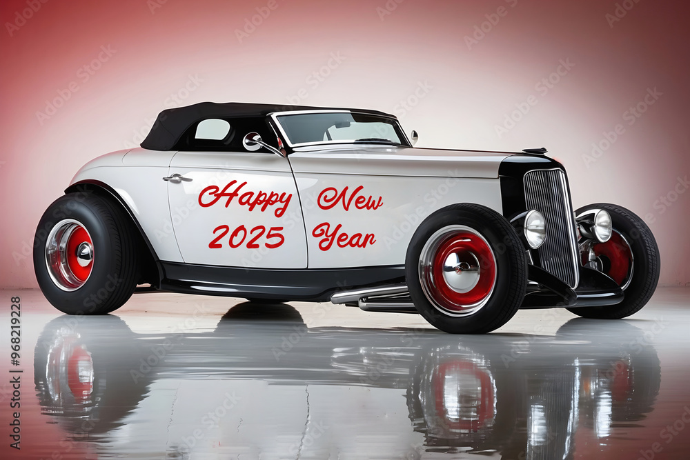 Beautiful unique vintage hot rod car, happy new 2025 year text, automotive background, tuning template, wallpaper, auto transport