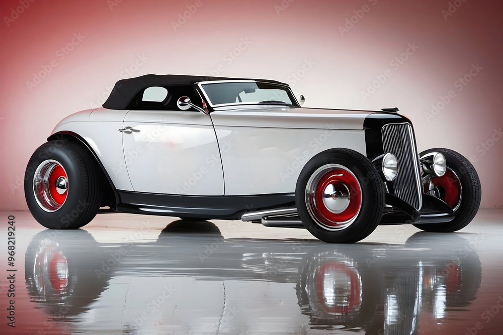 Beautiful unique vintage hot rod white car, isolated on red white background , automotive , tuning template, auto transport