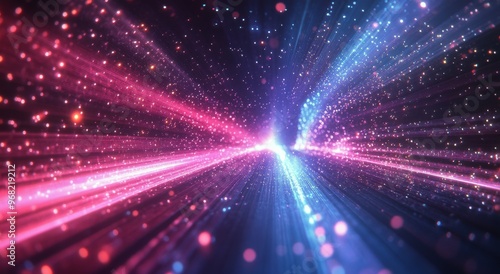 Vibrant neon lights create a dynamic pattern in a reflective futuristic envir...