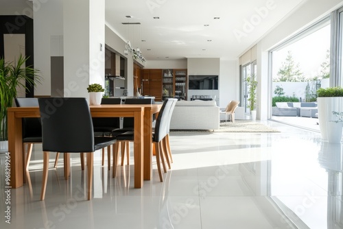 A spacious modern dining area in a bright open living space featuring stylish furniture, large windows welcoming natural light, and an inviting, contemporary decor.