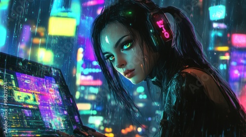 Wallpaper Mural Cyberpunk Woman in the Rain Torontodigital.ca