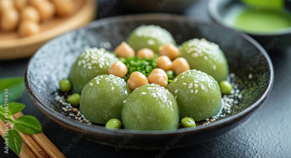 Delicious matcha mochi balls topped with chickpeas served on a decorative plate Delicious matcha mochi balls topped with chickpeas served on a decorative plate
