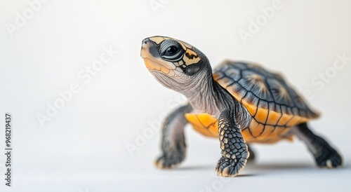 A young turtle exploring its environment on a light background in a serene se...