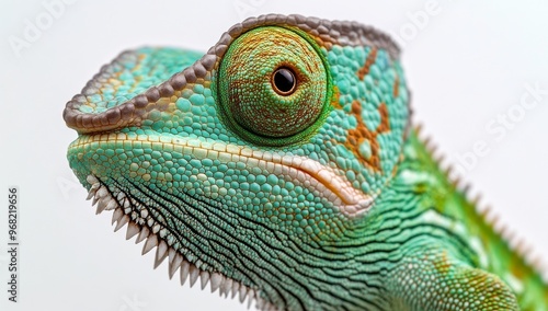 A close-up view of a vibrant green lizard showcasing its detailed scales and ...