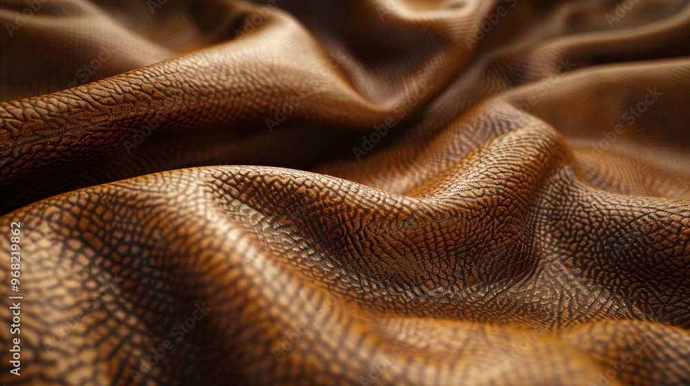 A close-up view of textured golden-brown fabric draped elegantly, highlighting intricate patterns and soft folds in natural light A close-up view of textured golden-brown fabric draped elegantly, highlighting intricate patterns and soft folds in natural light
