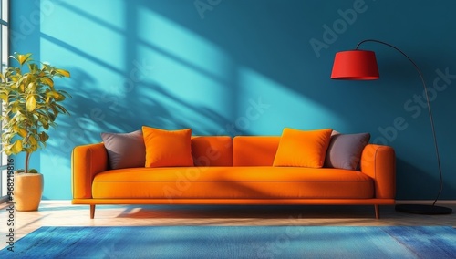 Brightly colored modern orange sofa with cushions in a stylish living room se...