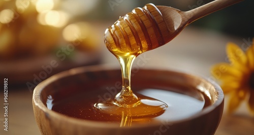 Golden honey drizzles from a wooden dipper into a rustic bowl surrounded by s...
