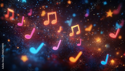 Colorful musical notes and stars float above a shimmering water surface at night
