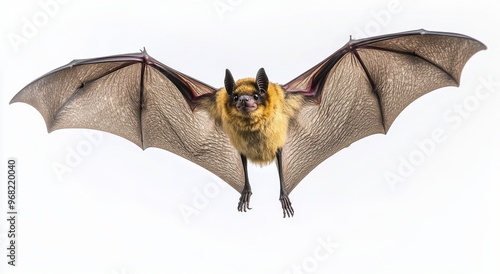 A close-up view of a flying bat with detailed wings against a white background