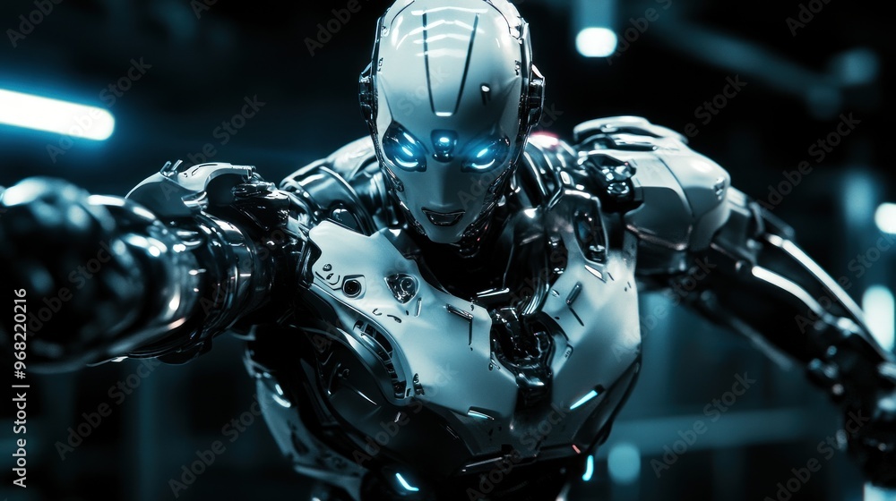 A White Metallic Robot with Blue Eyes in a Dark Industrial Setting A White Metallic Robot with Blue Eyes in a Dark Industrial Setting