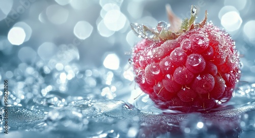 Fresh raspberry surrounded by water droplets on a reflective surface in soft ...
