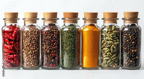 Assorted spice jars filled with colorful ingredients displayed on a white bac...