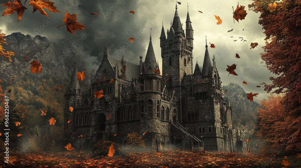 Fototapeta premium A spooky castle with autumn leaves falling around it.