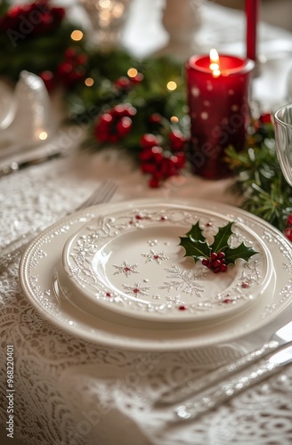 Elegant holiday table setting with candles, foliage, and decorative plates du...