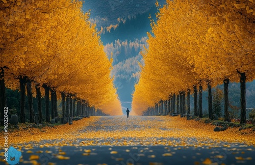 A peaceful walk through a vibrant golden tree-lined avenue during autumn