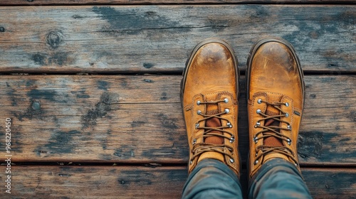 mockup of hiking boots on a wooden deck, embodying the concept of epic walks in rustic settings photo