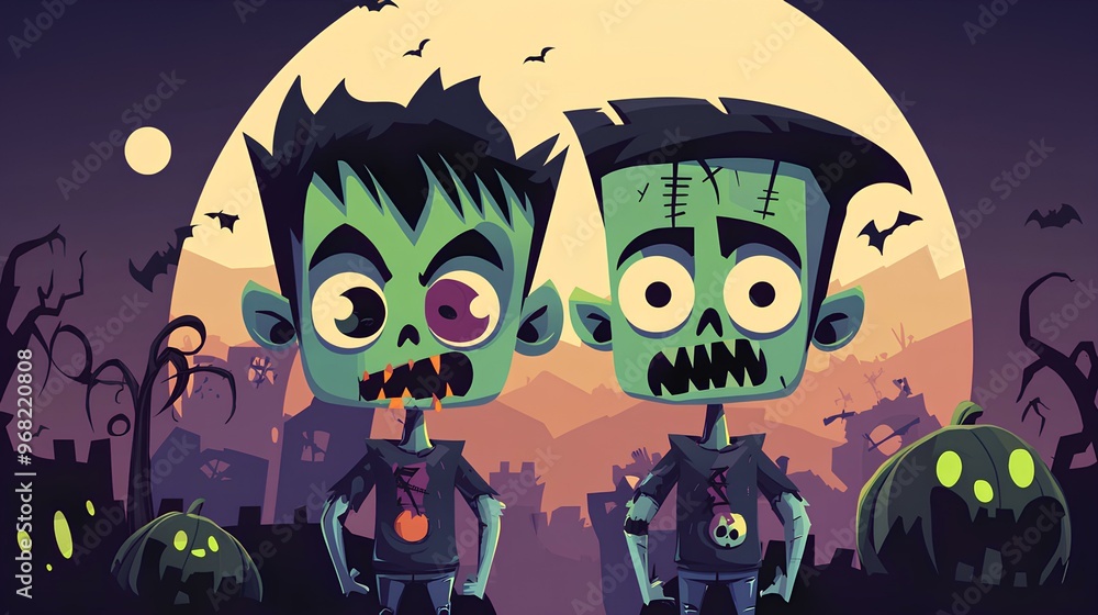 Adorable illustrations of two zombies on a pale red background Adorable illustrations of two zombies on a pale red background