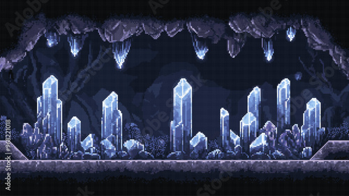 pixel art retro game level, 8 bit crystal cavern, 2d video game background, underground cave and with rocks and platform. Vector illustration