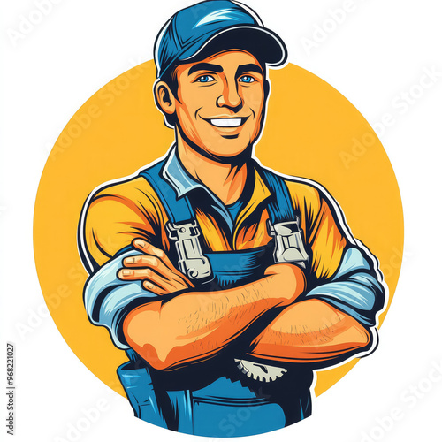 Smiling repairman in cap and overalls holding adjustable wrench, flat cartoon illustration, logo on white background, mechanic, plumber, man, male portrait, worker, professional, craftsman, repair 
