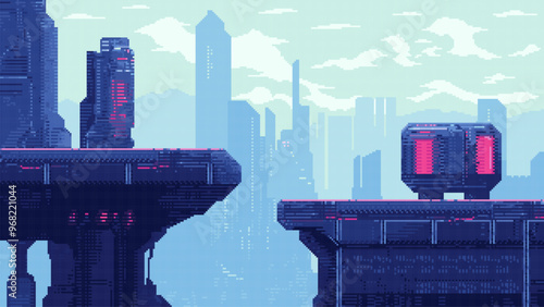 pixel art sci fi city, cyberpunk game level background, 8 bit image futuristic cityscape, 2d pixel retro design, skyscrapers, city lights, platform, vector illustration