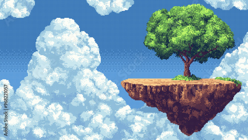 pixel art floating island, 8 bit game level background, 2d retro video game image, flying platform with tree, clouds. vector illustration