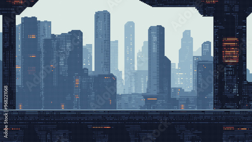pixel art sci fi city, cyberpunk game level background, 8 bit image futuristic cityscape, 2d pixel retro design, skyscrapers, city lights, platform, vector illustration