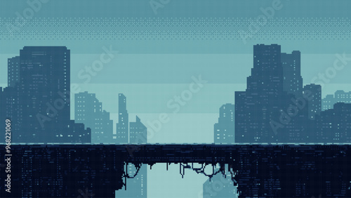 pixel art sci fi city, cyberpunk game level background, 8 bit image futuristic cityscape, 2d pixel retro design, city lights, platform, vector illustration