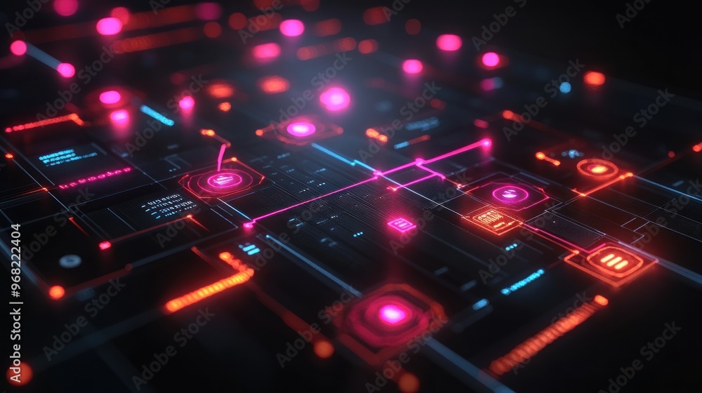 Abstract digital circuit design with glowing nodes and connections. Abstract digital circuit design with glowing nodes and connections.