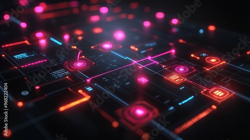 Abstract digital circuit design with glowing nodes and connections.