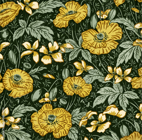 Elegant pattern of yellow poppy flowers on a dark green background, evoking a lush, vintage aesthetic. photo