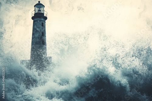 An inspiring image of a lighthouse standing tall against giant waves in the midst of a ferocious sea storm, signifying resilience and stability in the face of chaos. photo