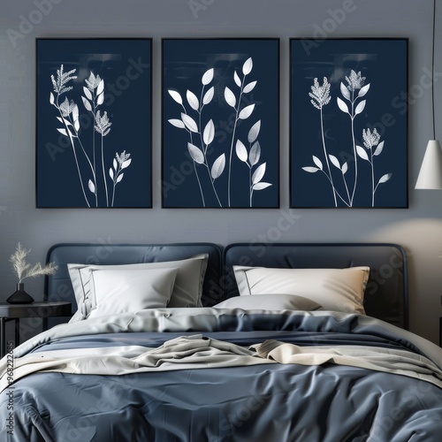 photo showcasing a set three canvases adorned with fantastic blue flowers against a dramatic black photo