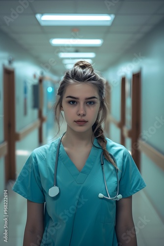 Female nurse woman serious face portrait at hospital