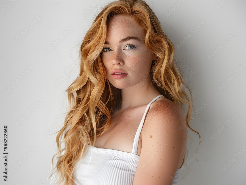 Female with blonde long hair posing in white top on white background Female with blonde long hair posing in white top on white background