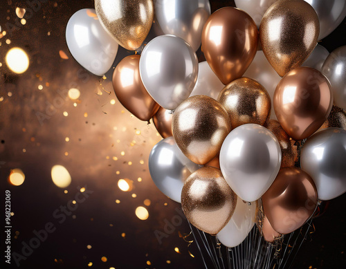 Wallpaper Mural Gold and white balloons floating in front of a dark background with golden confetti, perfect for a birthday party or any other celebration Torontodigital.ca