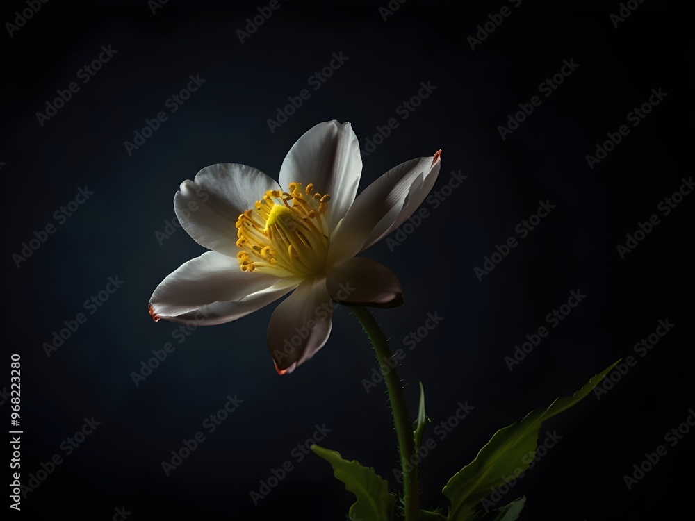 White flower blooming in a dark, moody environment White flower blooming in a dark, moody environment