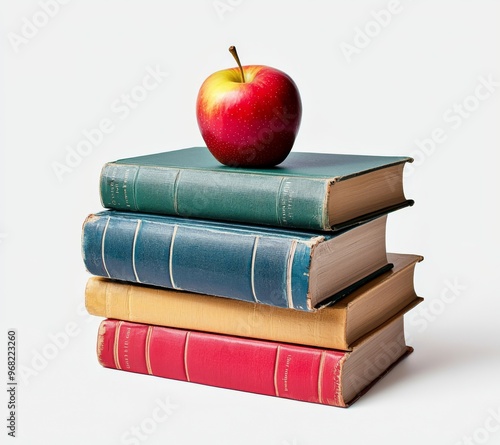 The white background is adorned with large piles of books with apples