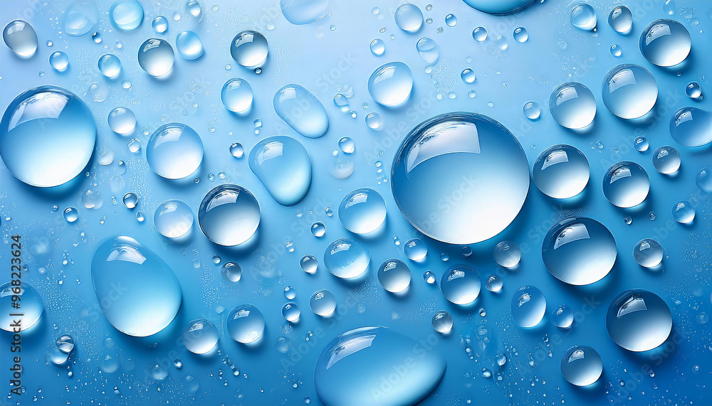 Many water drops of different sizes are forming on a blue background, with reflections Many water drops of different sizes are forming on a blue background, with reflections