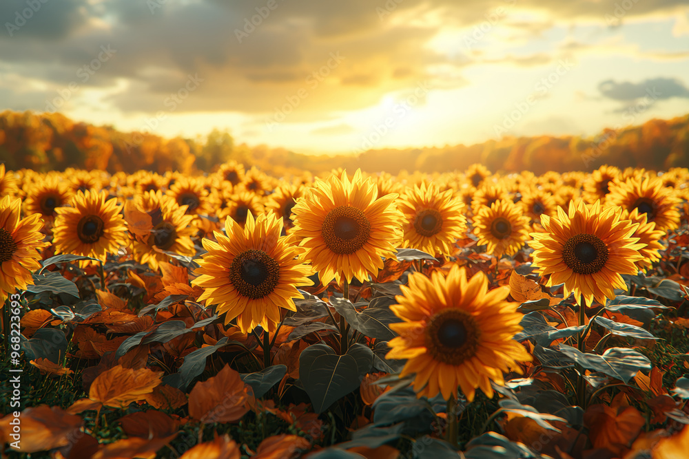 A field of sunflowers with their petals turning brown, set against a backdrop of colorful fall leaves. Concept of seasonal transition and nature's changes. A field of sunflowers with their petals turning brown, set against a backdrop of colorful fall leaves. Concept of seasonal transition and nature's changes.