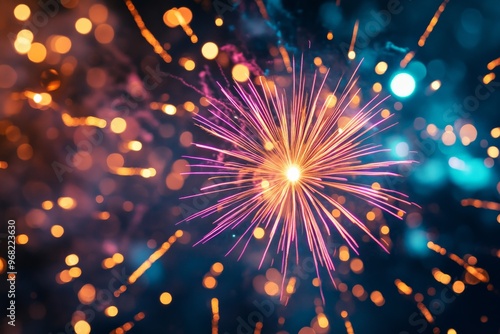 An intense close-up of a fiery firework radiates colorful sparks and streaks of light, capturing the essence of a celebratory moment filled with dynamic energy. photo