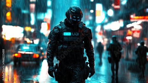 Futuristic Soldier in Rainy City