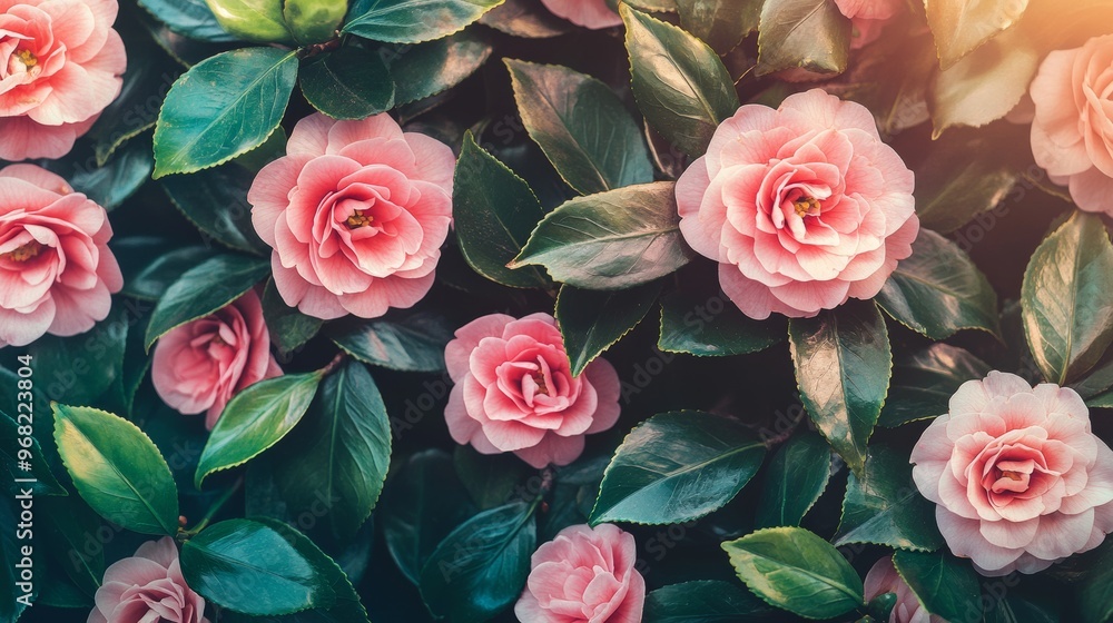 Pink camellias in bloom, soft lighting. Nature and beauty concept Pink camellias in bloom, soft lighting. Nature and beauty concept