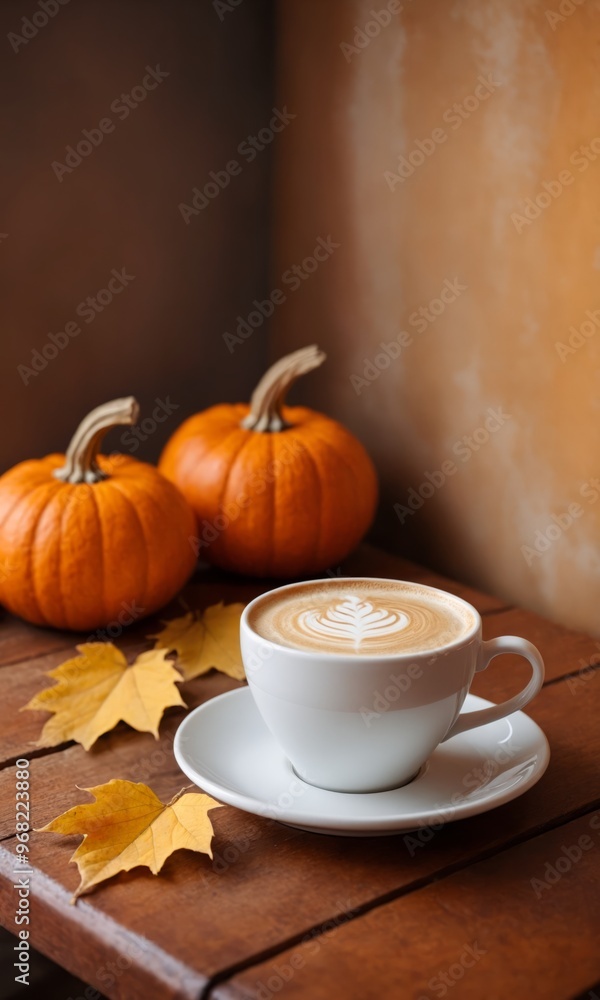 Spice pumpkin coffee with latte art close up. Autumn still life with cappuccino, gourd decor and yellow fall leaves on wooden table. Seasonal concept local town caffee promo or advertising. Spice pumpkin coffee with latte art close up. Autumn still life with cappuccino, gourd decor and yellow fall leaves on wooden table. Seasonal concept local town caffee promo or advertising.