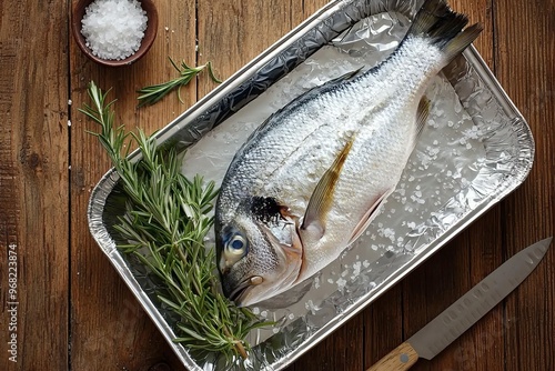 With sea salt and herbs, fresh caught fish is displayed on a cooking platter photo