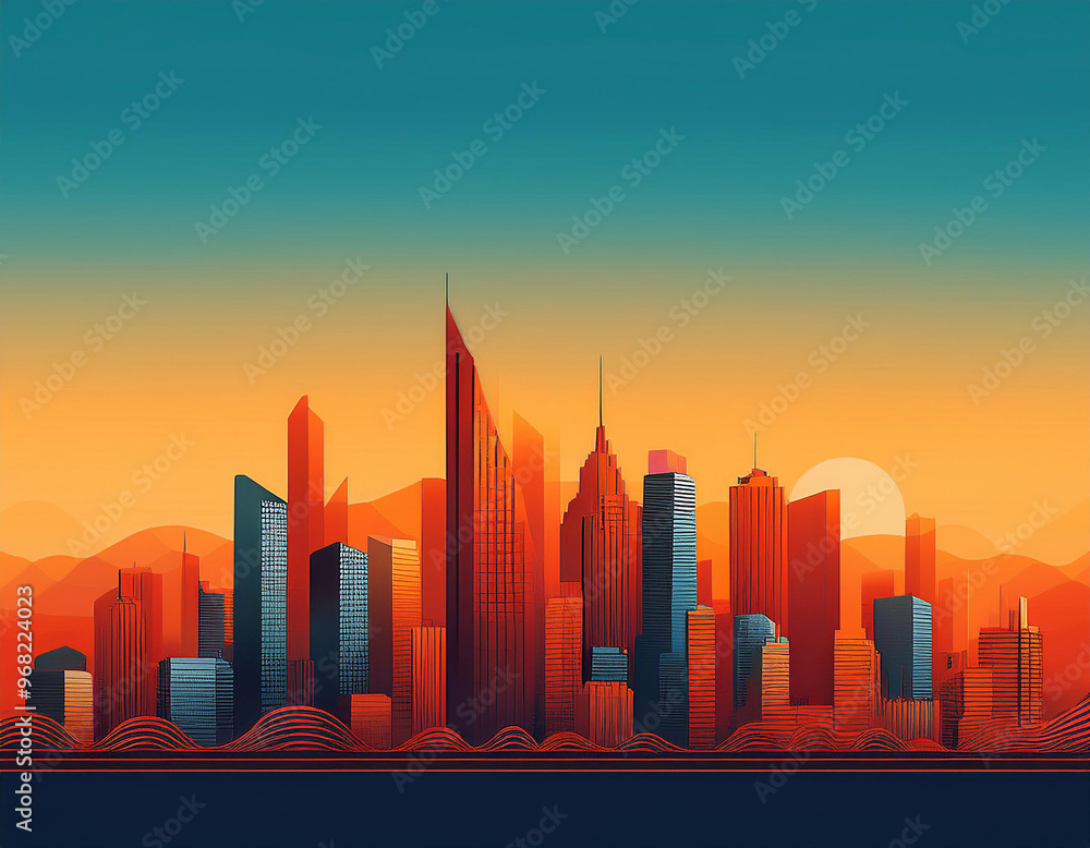Fototapeta premium Modern cityscape with skyscrapers shining during golden hour sunset, with a gradient sky from blue to orange